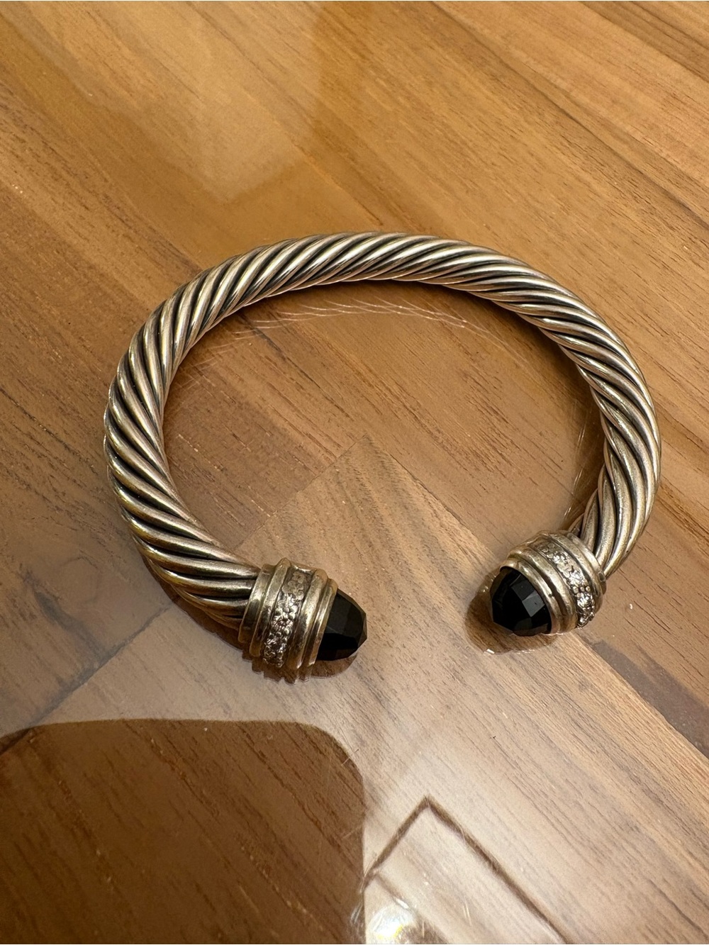 David Yurman Silver-Tone Twisted Cable Cuff with Black Faceted Ends